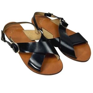 J.Crew Leather Crisscross Slingback Sandals Womens 9‎ Black Made Italy Flat Chic